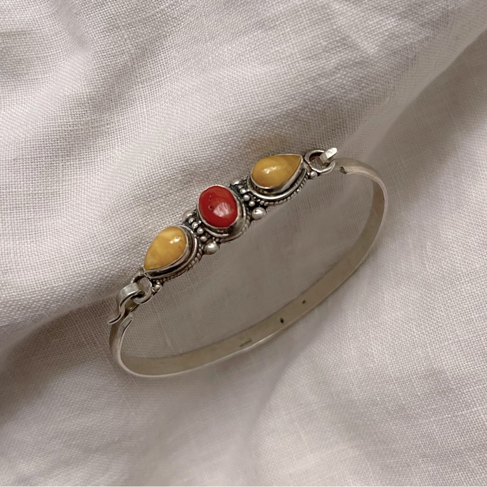 Sterling Silver Coral & Amber Crystal Bracelet